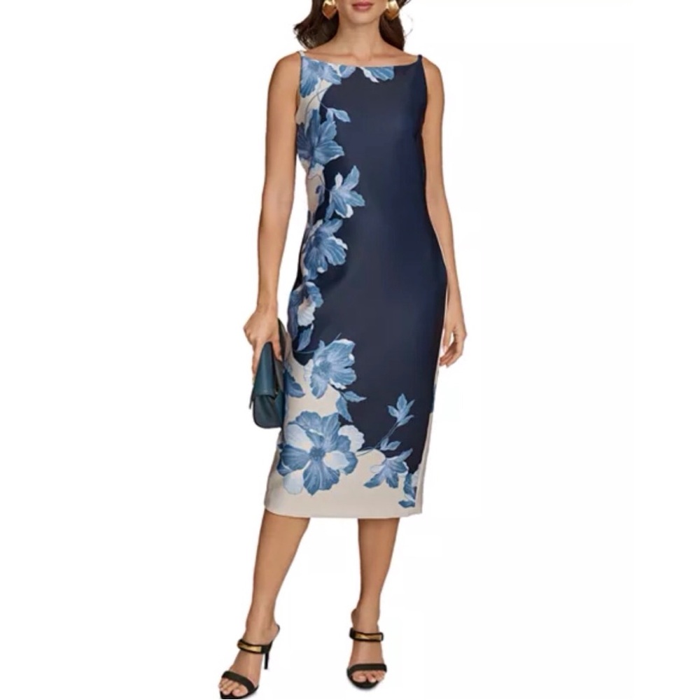 Donna Karan New York Floral Print Sleeveless Scuba Sheath Dress Blue Size 2